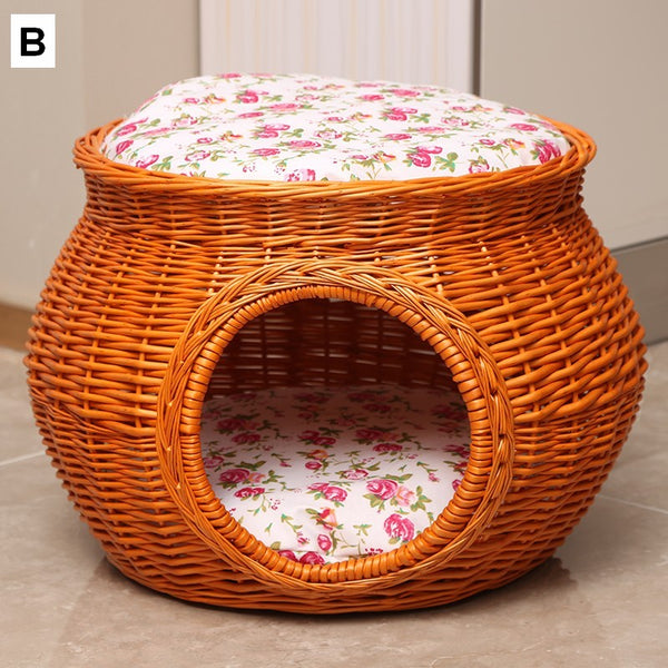 Rattan Cat Bed, Wicker Cat House Basket with Washable Cushion for Indoor Cats and Dogs-Silvia Home Craft