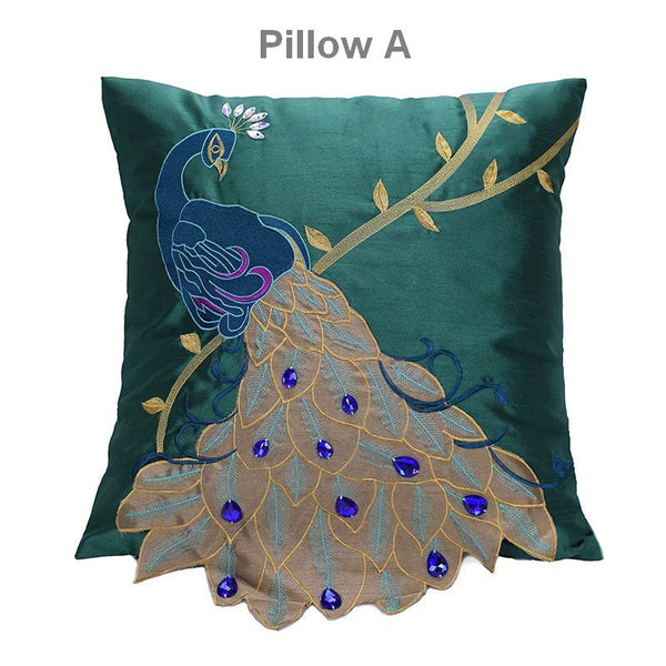 Decorative Sofa Pillows, Decorative Pillows for Couch, Beautiful Decorative Throw Pillows, Green Embroider Peacock Cotton and linen Pillow Cover-Silvia Home Craft