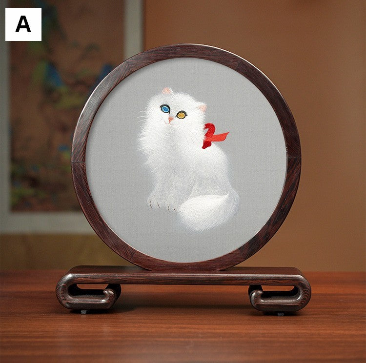 Exclusive Business Present, Lovely Kitty Cat Embroidered Decor, Premium Souvenir, Unique Birthday Gift, Traditional Chinese Suzhou Kitten Embroidery Ornament-Silvia Home Craft