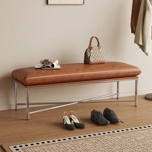 Contemporay Bedroom Bench, Upholstered Shoe Bench, Luxury Genuine Leather Entry Bench, Narrow Entryway Bench, Modern Shoe Changing Ottoman, Mid-Century Hall Bench