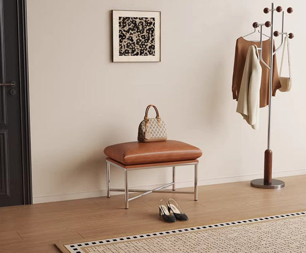 Contemporay Bedroom Bench, Upholstered Shoe Bench, Luxury Genuine Leather Entry Bench, Narrow Entryway Bench, Modern Shoe Changing Ottoman, Mid-Century Hall Bench