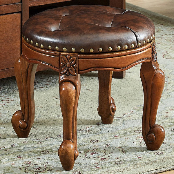 Genuine Leather Solid Wood Entry Bench, Vintage Round Stool, Solid Wood Ottoman, Rubberwood Entry Bench, Vanity Stool-Silvia Home Craft