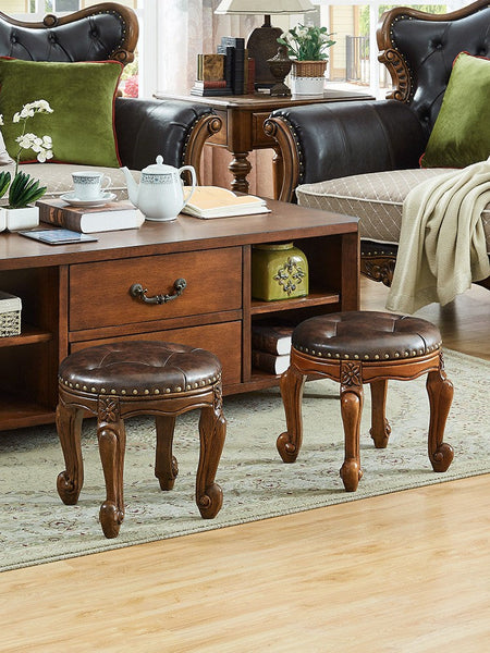 Genuine Leather Solid Wood Entry Bench, Vintage Round Stool, Solid Wood Ottoman, Rubberwood Entry Bench, Vanity Stool-Silvia Home Craft