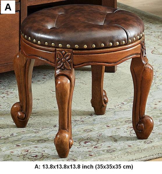 Genuine Leather Solid Wood Entry Bench, Vintage Round Stool, Solid Wood Ottoman, Rubberwood Entry Bench, Vanity Stool-Silvia Home Craft