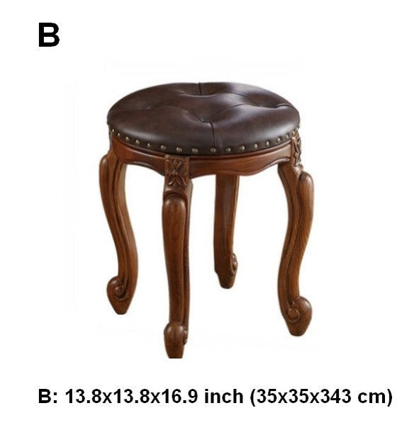 Genuine Leather Solid Wood Entry Bench, Vintage Round Stool, Solid Wood Ottoman, Rubberwood Entry Bench, Vanity Stool-Silvia Home Craft