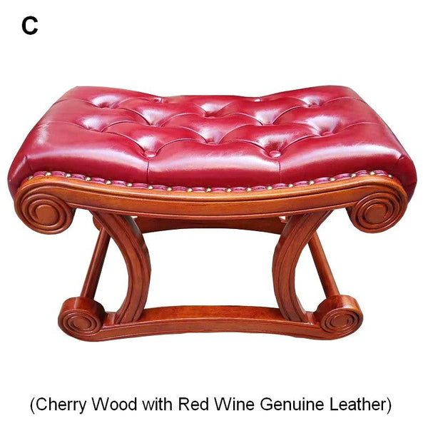 Vintage Leather Stool, Genuine Leather Solid Wood Entry Bench, Cherry Wood Footstool, Long Bench, Vanity Stool, Dressing Table Stool-Silvia Home Craft