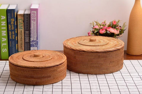 Woven Storage Basket with Lid, Large Rattan Storage Basket, Woven Round Basket for Kitchen-Silvia Home Craft