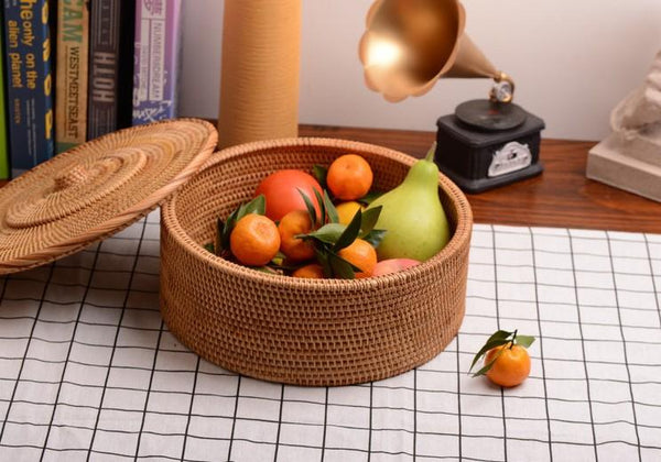 Woven Storage Basket with Lid, Large Rattan Baskets, Round Basket for Kitchen, Storage Baskets for Shelves-Silvia Home Craft