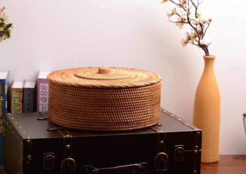 Woven Storage Basket with Lid, Large Rattan Baskets, Round Basket for Kitchen, Storage Baskets for Shelves-Silvia Home Craft