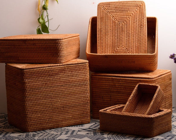 Woven Storage Baskets, Rectangular Storage Basket with Lid, Large Storage Basket for Clothes, Storage Baskets for Shelves, Kitchen Storage Baskets-Silvia Home Craft