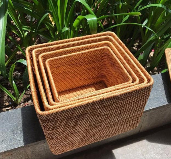 Large Woven Storage Baskets, Rectangular Storage Basket with Lid, Rattan Storage Baskets, Storage Baskets for Living Room, Storage Basket for Bedroom-Silvia Home Craft