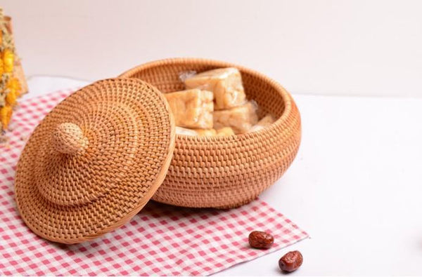 Round Storage Basket, Woven Storage Basket with Lid, Rattan Basket for Kitchen, Wicker Storage Basket-Silvia Home Craft