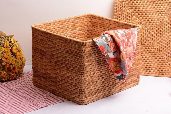 Large Storage Basket for Living Room, Storage Basket for Clothes, Woven Rattan Storage Baskets, Rectangular Storage Basket, Storage Basket with Lid-Silvia Home Craft