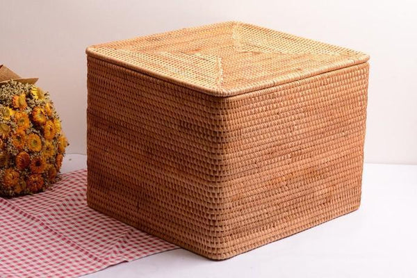 Large Storage Basket for Living Room, Storage Basket for Clothes, Woven Rattan Storage Baskets, Rectangular Storage Basket, Storage Basket with Lid-Silvia Home Craft