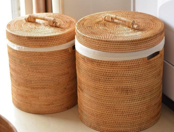 Large Laundry Storage Basket with Lid, Large Rattan Storage Basket for Bathroom, Woven Round Storage Basket for Clothes-Silvia Home Craft