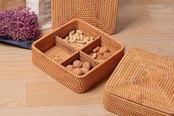 Storage Basket with Lid, Rattan Square Basket, Storage Basket with Lid, Kitchen Storage Baskets-Silvia Home Craft