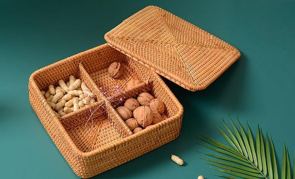 Storage Basket with Lid, Rattan Square Basket, Storage Basket with Lid, Kitchen Storage Baskets-Silvia Home Craft