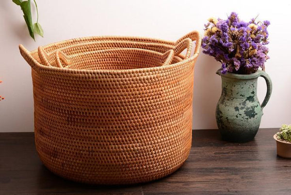 Wicker Woven Storage Baskets, Kitchen Storage Baskets, Rattan Storage Basket, Round Storage Basket for Bathroom-Silvia Home Craft