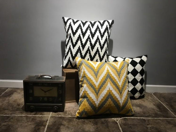 Geometric Cotton Pillow Cover, Decorative Throw Pillows, Modern Sofa Pillows, Black Throw Pillows, Yellow Decorative Pillows-Silvia Home Craft