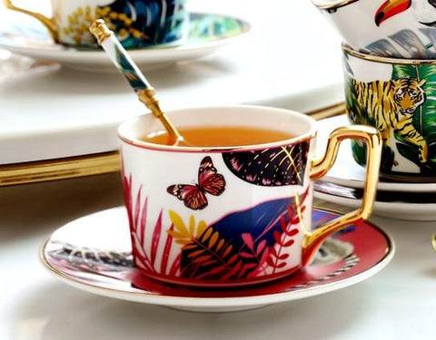 Butterfly Pattern Porcelain Coffee Cups, Coffee Cups with Gold Trim and Gift Box, Tea Cups and Saucers-Silvia Home Craft