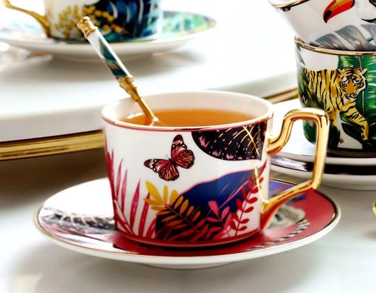 Butterfly Pattern Porcelain Coffee Cups, 7.4 oz Coffee Cups with Gold Trim and Gift Box, Tea Cup and Saucer-Silvia Home Craft