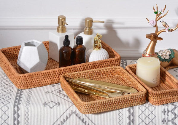 Rectangular Storage Baskets, Woven Rattan Storage Basket, Kitchen Storage Baskets, Storage Baskets for Shelves, Set of 3-Silvia Home Craft