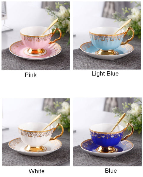 Unique British Tea Cup and Saucer in Gift Box, Pink Blue White Bone China Porcelain Tea Cup Set, Elegant British Ceramic Coffee Cups for Afternoon Tea-Silvia Home Craft