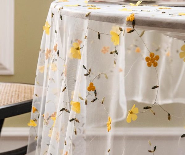 Yellow Flower Lace Tablecloths, Extra Large Rectangular Tablecloth for Oval Table, Lace Embroidered Table Covers, Rectangular Table Covers for Coffee Table-Silvia Home Craft