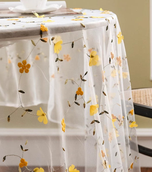 Yellow Flower Lace Tablecloths, Extra Large Rectangular Tablecloth for Oval Table, Lace Embroidered Table Covers, Rectangular Table Covers for Coffee Table-Silvia Home Craft