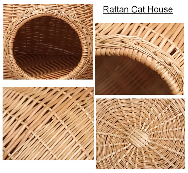 Rattan Cat Bed, Wicker Cat House Basket with Washable Cushion for Indoor Cats and Dogs-Silvia Home Craft