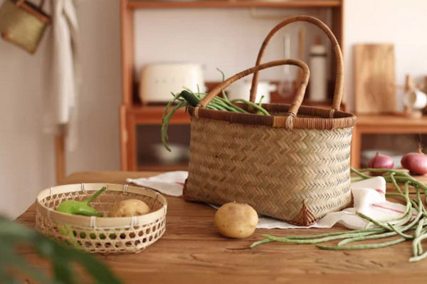 Storage Basket with Handle, Large Kitchen Storage Baskets, Natural Hand-woven Bamboo Storage Basket, Lovely Bamboo Weaving Baskets for Vegetable, Picnic Fruit Storage Baskets-Silvia Home Craft