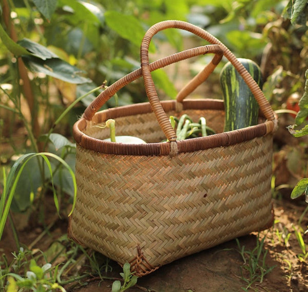 Storage Basket with Handle, Large Kitchen Storage Baskets, Natural Hand-woven Bamboo Storage Basket, Lovely Bamboo Weaving Baskets for Vegetable, Picnic Fruit Storage Baskets-Silvia Home Craft