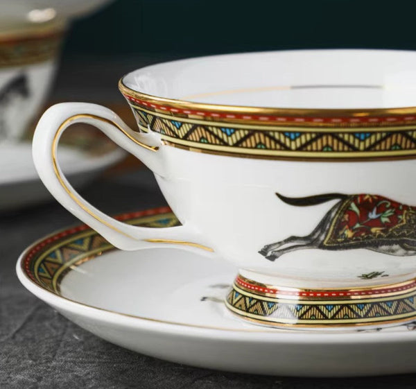 Elegant British Horse Pattern Coffee Cup with Saucer, 7.4 oz Ceramic Tea Cup and Saucer in Gift Box, Porcelain Tea Cup and Saucer Set-Silvia Home Craft