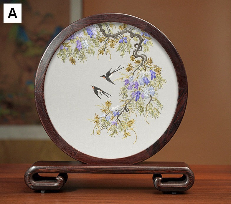 Premium Souvenir, Silk Embroidered Ornament, Exclusive Business Presents, Creative Birthday Gift, Traditional Chinese Suzhou Flower and Birds Embroidery Ornaments-Silvia Home Craft