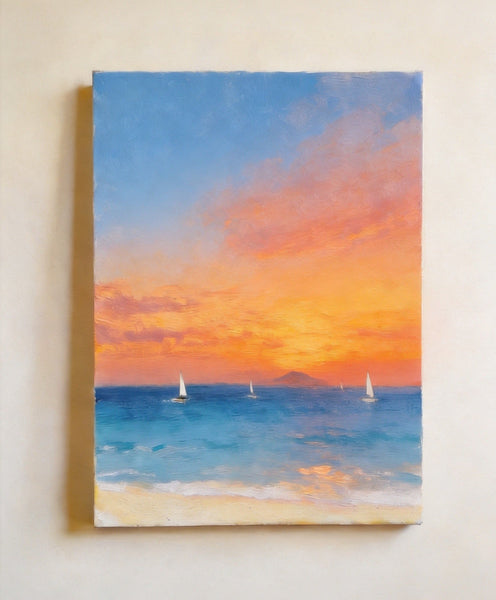 Tranquil Sails Under the Burning Clouds, Hand Painted Canvas Art, Original Seascape Paintings, Small Canvas Artwork, Original Oil Paintings, Buy Small Paintings Online-Silvia Home Craft