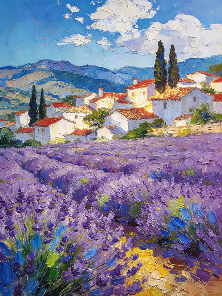 Provence - Lavender Fields and a Slumbering Village, Impasto Paintings, Original Small Paintings on Canvas, Small Oil Paintings, Hand Painted Canvas Art, Landscape Canvas Paintings-Silvia Home Craft