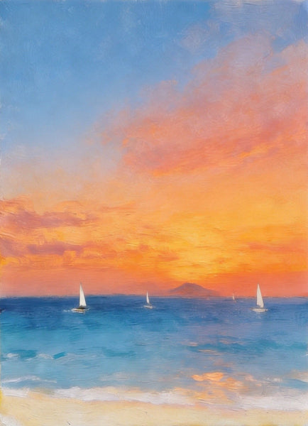 Tranquil Sails Under the Burning Clouds, Hand Painted Canvas Art, Original Seascape Paintings, Small Canvas Artwork, Original Oil Paintings, Buy Small Paintings Online-Silvia Home Craft