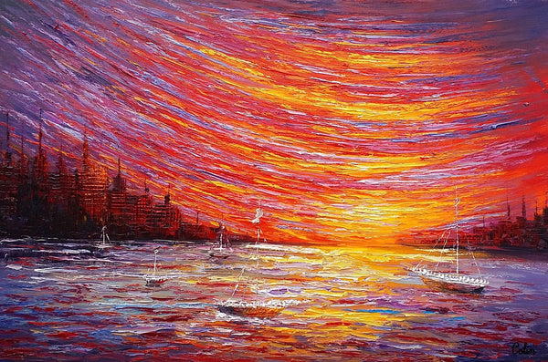 Landscape Painting, Large Art, Canvas Art, Wall Art, Custom Abstract Artwork, Canvas Painting, Modern Art, Oil Painting, Boat on the River 210