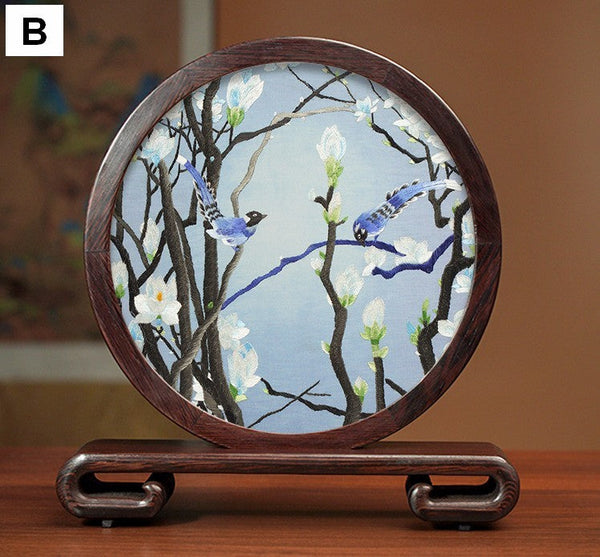 Premium Souvenir, Silk Embroidered Ornament, Exclusive Business Presents, Creative Birthday Gift, Traditional Chinese Suzhou Flower and Birds Embroidery Ornaments-Silvia Home Craft