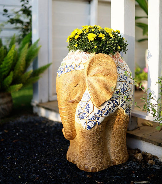 Modern Outdoor Garden Flower Pots, Oversized Garden Flower Pot, Extra Large Elephant Garden Flowerpots, Animal Statue for Garden Ornaments, Large Resin Statue for Garden-Silvia Home Craft