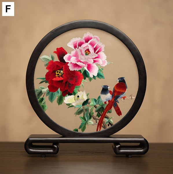 Exclusive Business Present, Flower and Bird Embroidered Decor, Unique Birthday Gift, Traditional Chinese Suzhou Embroidery Ornament, Premium Souvenir-Silvia Home Craft
