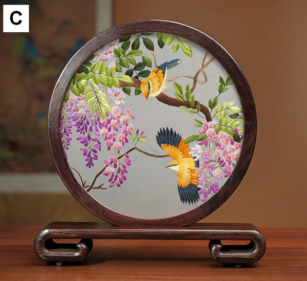 Premium Souvenir, Silk Embroidered Ornament, Exclusive Business Presents, Creative Birthday Gift, Traditional Chinese Suzhou Flower and Birds Embroidery Ornaments-Silvia Home Craft