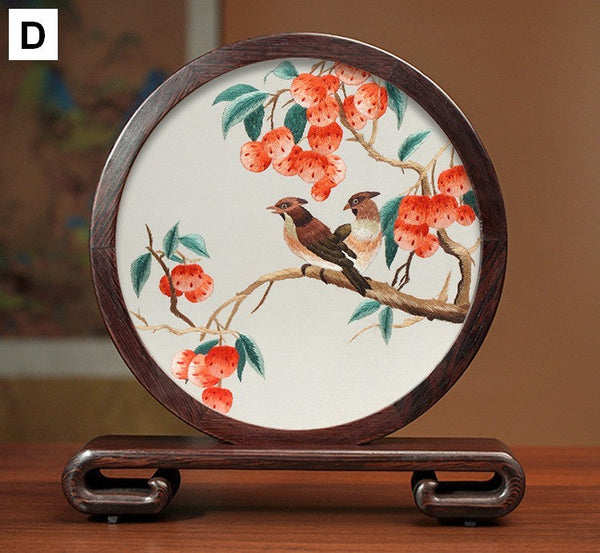 Premium Souvenir, Silk Embroidered Ornament, Exclusive Business Presents, Creative Birthday Gift, Traditional Chinese Suzhou Flower and Birds Embroidery Ornaments-Silvia Home Craft