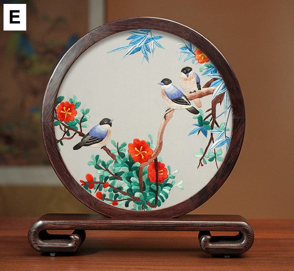 Silk Embroidered Ornament, Premium Souvenir, Exclusive Business Presents, Creative Birthday Gift, Traditional Chinese Suzhou Flower and Birds Embroidery Ornaments-Silvia Home Craft