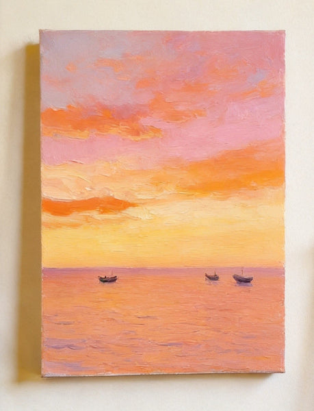 Original Oil Paintings, Hand Painted Canvas Artwork, Sunset Sail on the Horizon, Original Seascape Paintings, Buy Small Paintings Online-Silvia Home Craft