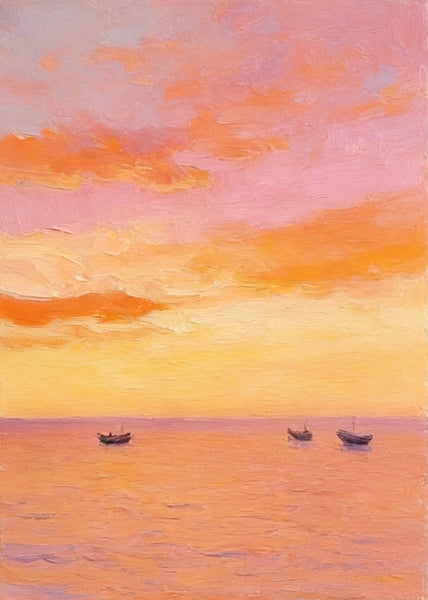 Original Oil Paintings, Hand Painted Canvas Artwork, Sunset Sail on the Horizon, Original Seascape Paintings, Buy Small Paintings Online-Silvia Home Craft
