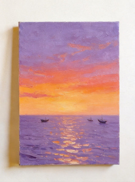 Original Seascape Paintings, Hand Painted Canvas Art, Sunset Sail on the Horizon, Original Oil Paintings, Buy Small Paintings Online, Small Canvas Artwork-Silvia Home Craft