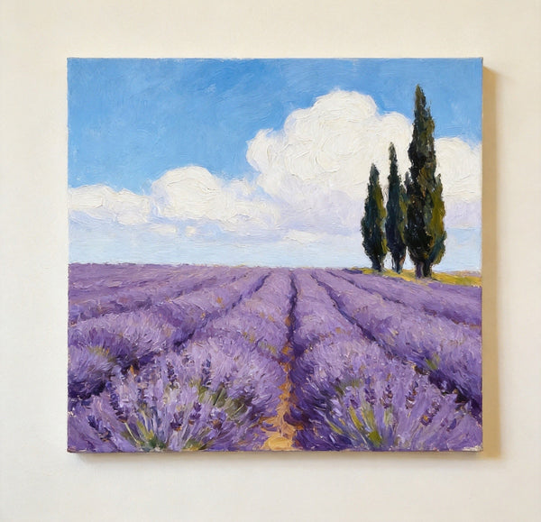 Small Canvas Artwork, Cypress by the Lavender Field, Hand Painted Canvas Art, Original Landscape Paintings, Original Oil Paintings, Buy Small Paintings Online-Silvia Home Craft