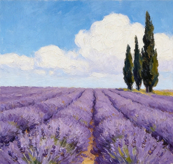 Small Canvas Artwork, Cypress by the Lavender Field, Hand Painted Canvas Art, Original Landscape Paintings, Original Oil Paintings, Buy Small Paintings Online-Silvia Home Craft