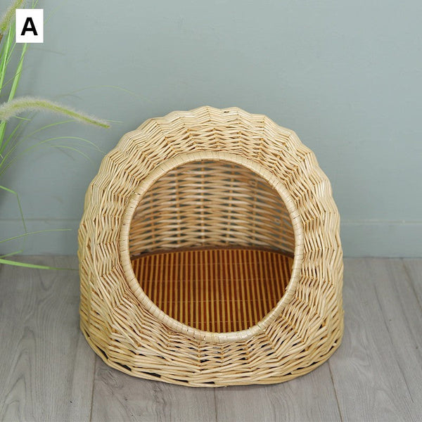Hand woven Rattan Cat Bed, Natural Wicker Cat House Basket with Washable Cushion for Indoor Cats and Dogs-Silvia Home Craft